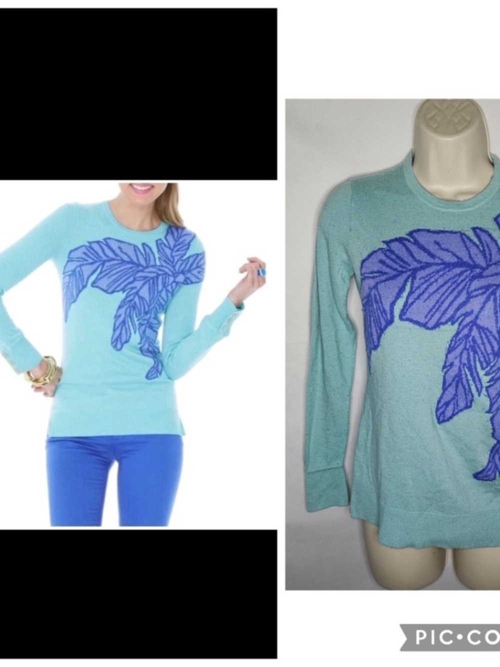 Women Lilly Pulitzer Blue Charter Sweater Wool Blend Palm Leaves Intarsia Knit S